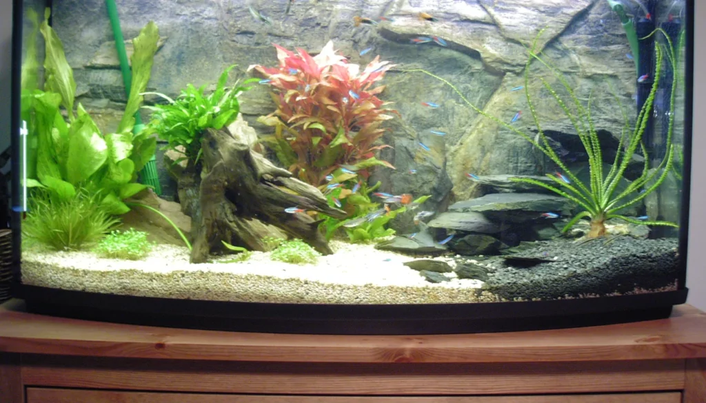 Aquário de água doce plantado montado sobre móvel fechado de madeira, com peixes cardinal tetra nadando entre as plantas