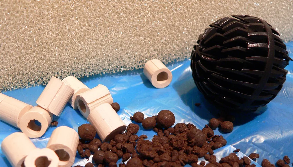 Mídia biológica de filtro de aquário: anéis de cerâmica, bio-balls e esponja usados dentro do canister
