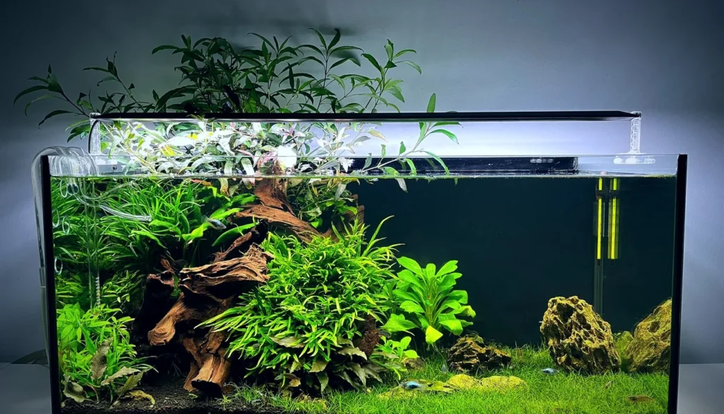 Aquário plantado de água doce sem moldura, com o vidro limpo e a linha da água visível logo abaixo da luminária LED
