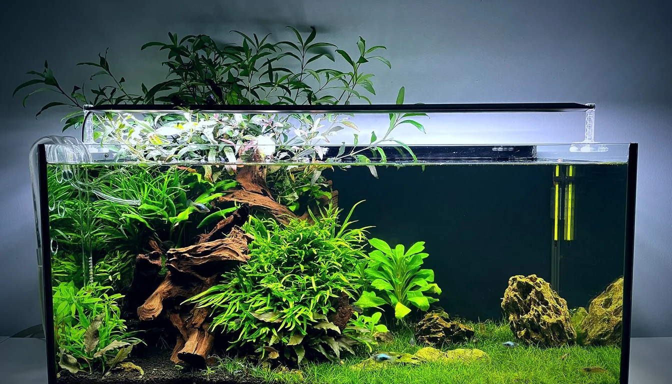 Aquário plantado de água doce sem moldura, com o vidro limpo e a linha da água visível logo abaixo da luminária LED