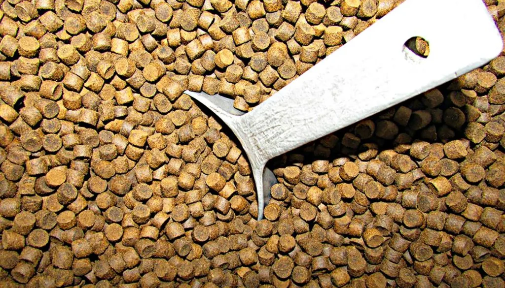 Ração de peixe em pellet vista de perto, com uma pá metálica de dosagem