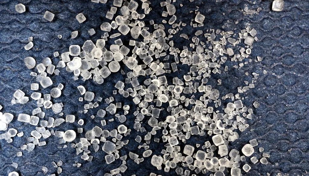 Cristais de sal grosso (cloreto de sódio) vistos de perto